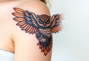 A mother owl spreading her wings over her baby, with intricate feather detailing in deep brown and golden hues, symbolizing wisdom and protection tattoo idea