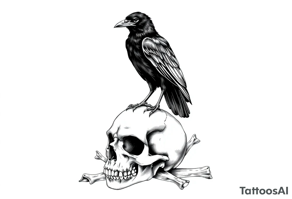 a raven stands on a skull,bones. tattoo idea