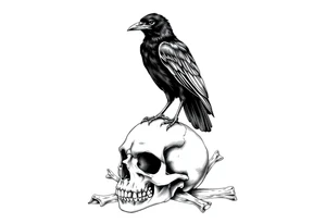 a raven stands on a skull,bones. tattoo idea