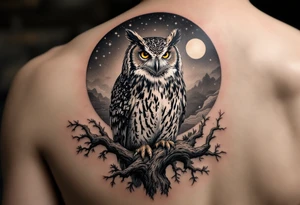 wise owl perched on ancient oak branch under starlit sky tattoo idea