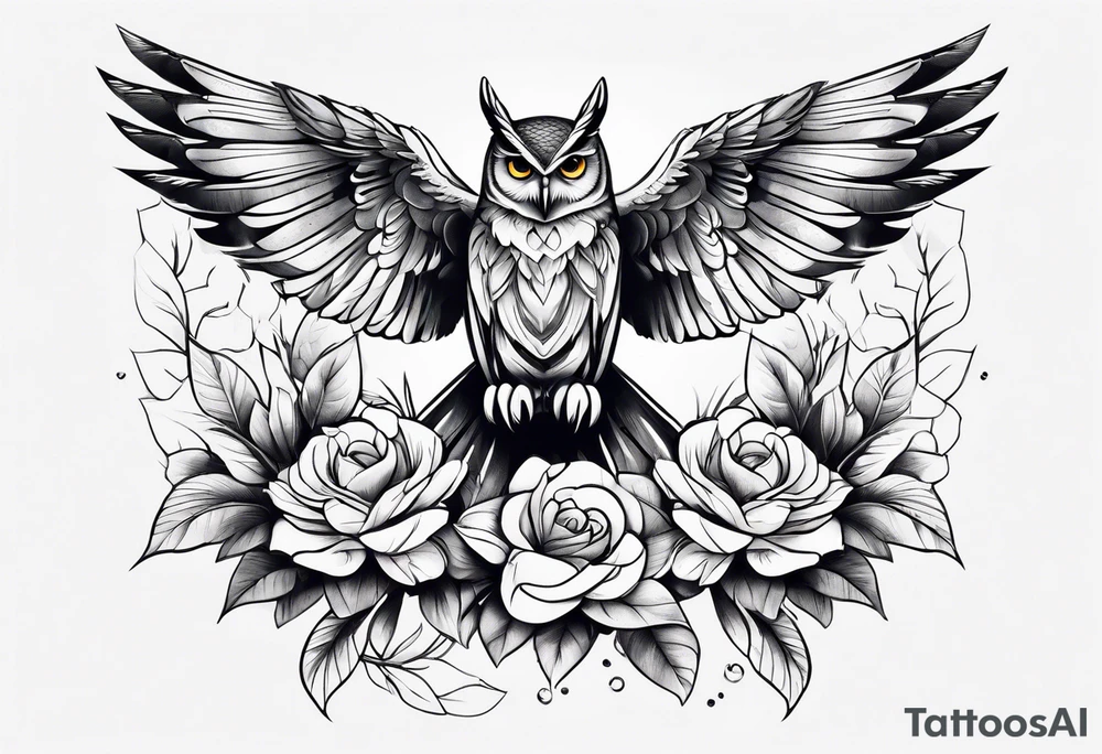 Owl on branch that wraps around arm with flowers and hummingbird tattoo idea