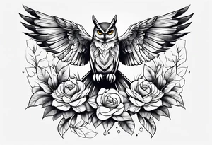 Owl on branch that wraps around arm with flowers and hummingbird tattoo idea