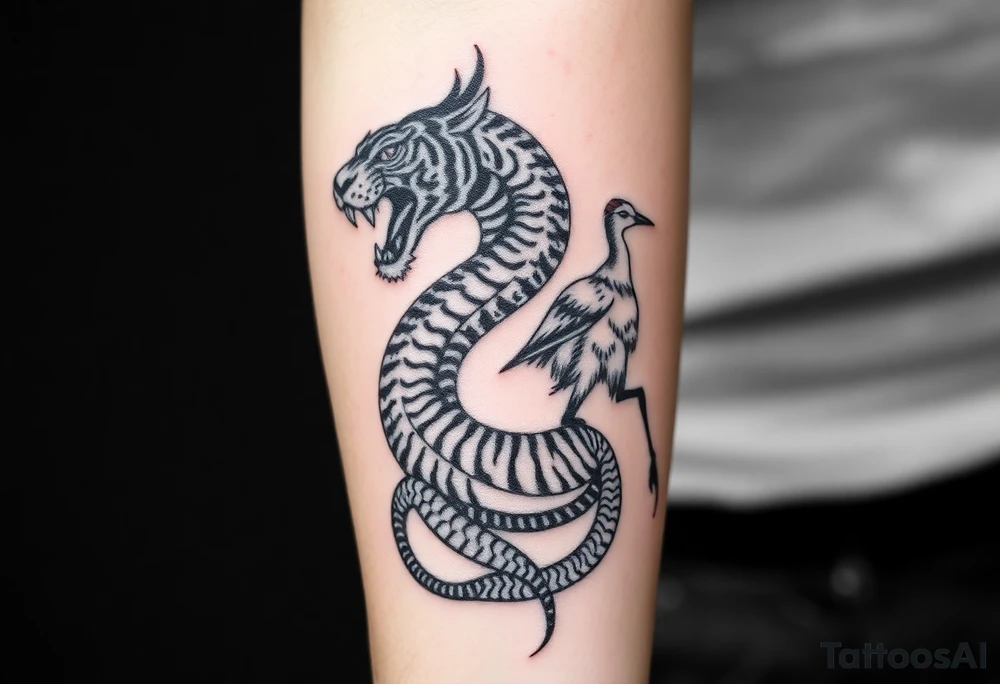 Snake tiger crane and monkey tattoo idea