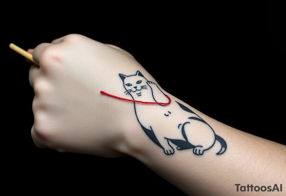 chinese chopsticks with a red thread by the end of it,
about 5cm long , 1 cm wide
it goes into the anterior part of the left wrist
besides the chopstick lies a chinese cat drawing waving its right arm tattoo idea