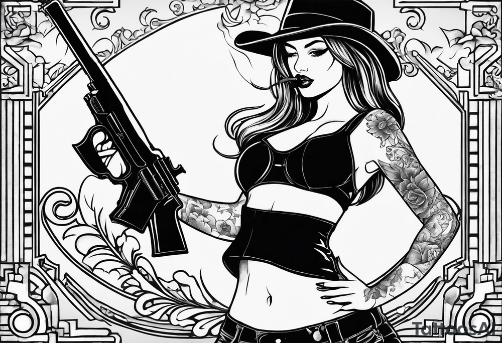 sexy lady holding a gun in mini shorts and bra blowing the gun while it’s smoking, the words “lady killer” beside it, a y2k inspired tattoo tattoo idea
