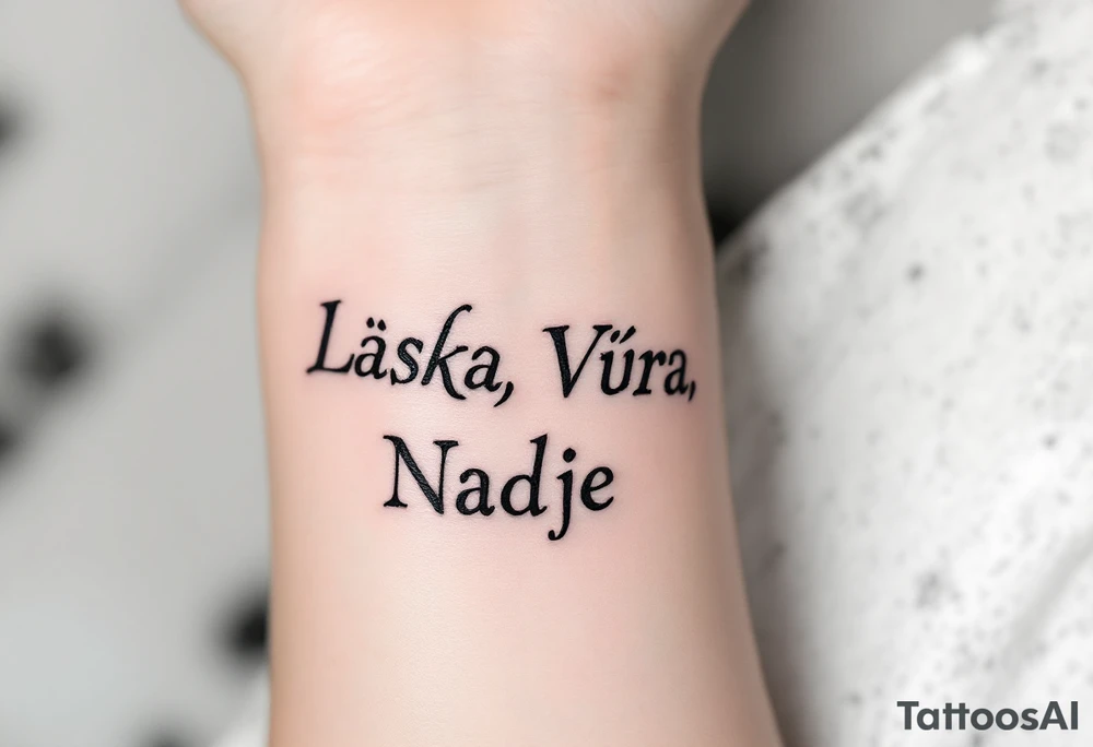 Bold typewriter-style "Láska, Víra, Naděje" in deep charcoal, with a faint heart, cross, and anchor drawn behind each word. tattoo idea