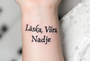 Bold typewriter-style "Láska, Víra, Naděje" in deep charcoal, with a faint heart, cross, and anchor drawn behind each word. tattoo idea