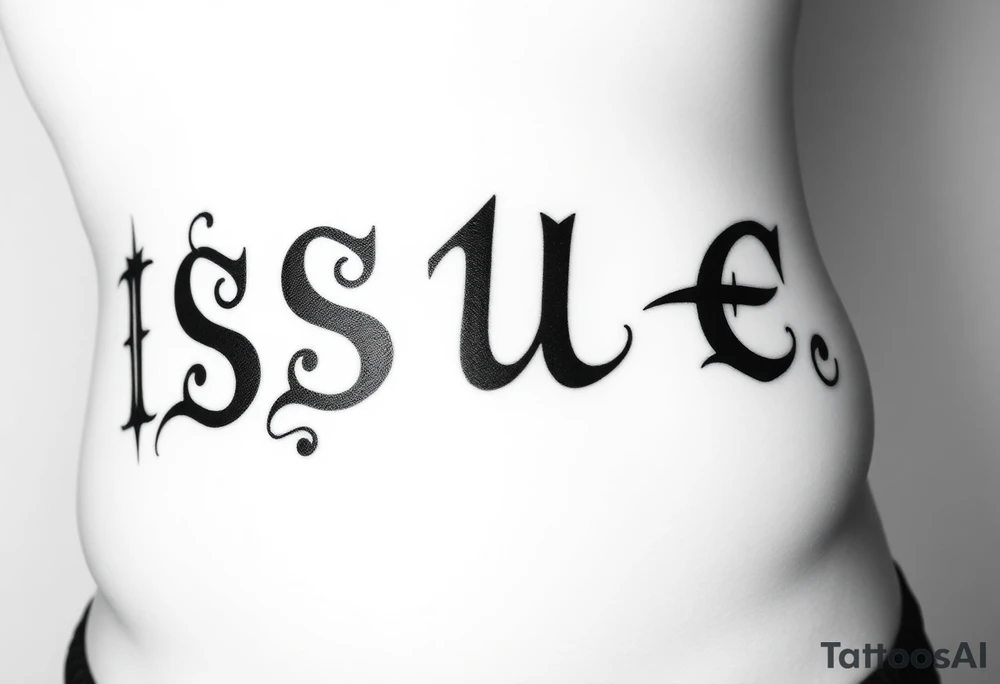 The word issues spelled capital i s backwards money sign uppercase letter u the E will be lowercase but backwards and tilted and the last letter will be a z i want to go across my stomach big letters like those white trash tattoos you'd see in the 90s A Lot the grunge era tattoo idea