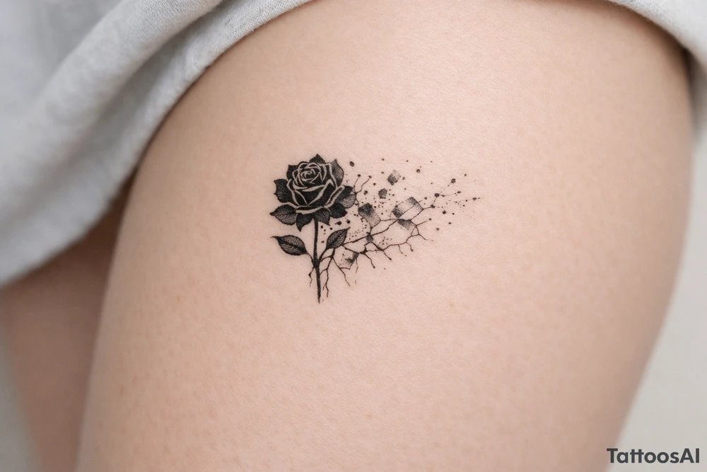 Delicate rose silhouette dissolving into watercolor fragments on shattered ice. tattoo idea