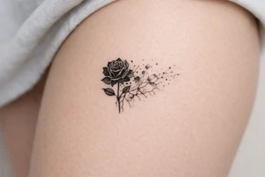 Delicate rose silhouette dissolving into watercolor fragments on shattered ice. tattoo idea