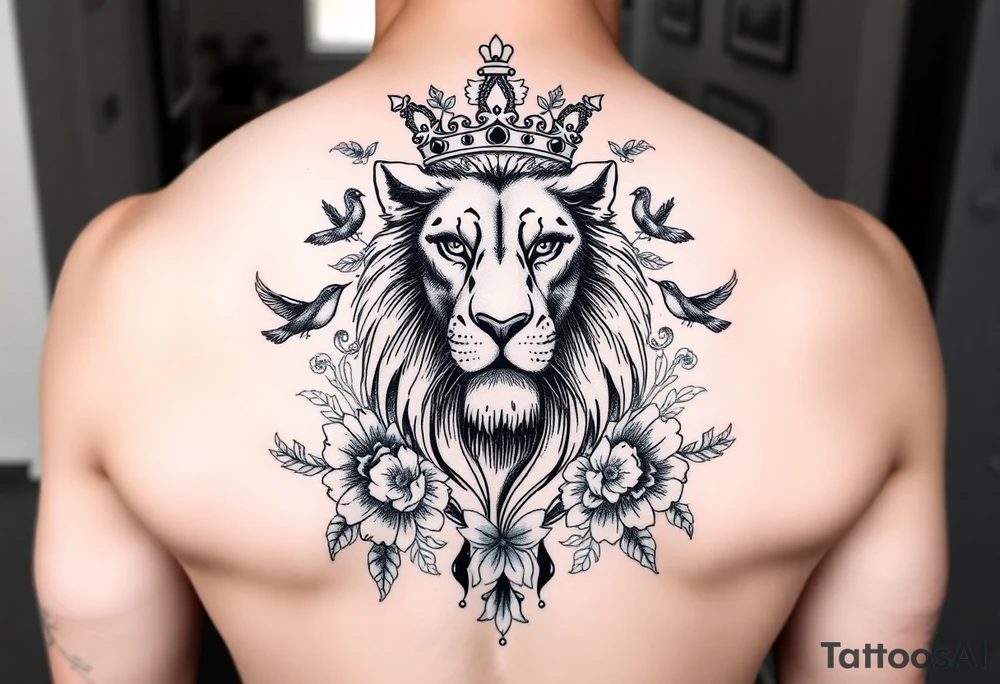 powerful majestic lion with a crown, surrounded by floral ornaments and birds tattoo idea