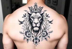 powerful majestic lion with a crown, surrounded by floral ornaments and birds tattoo idea