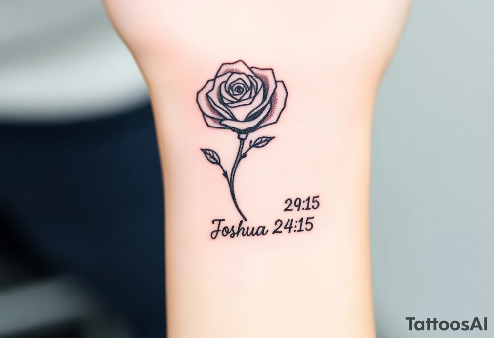 fine-line rose on my inner wrist, with the stem flowing down into the word Joshua 24:15 in tiny clean text underneath tattoo idea