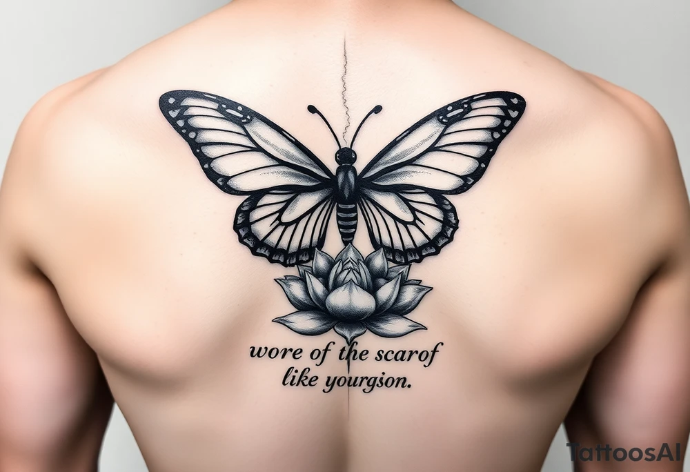 Spine tattoo that has a butterfly with cracked wings and lotus flower with quote that says she wore her scars like wings tattoo idea