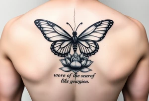 Spine tattoo that has a butterfly with cracked wings and lotus flower with quote that says she wore her scars like wings tattoo idea