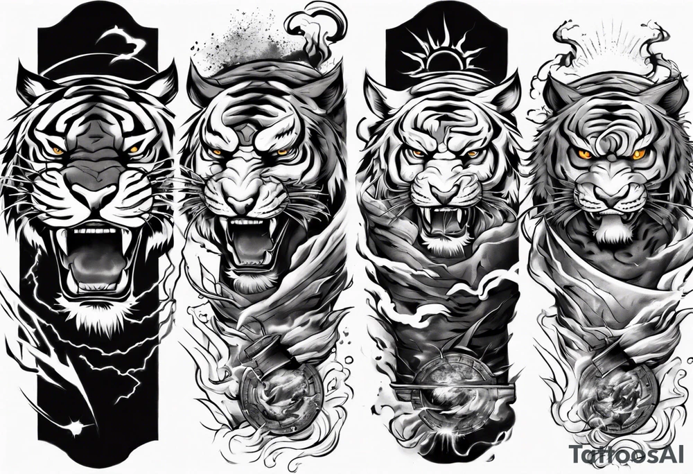 Tiger warrior with lightning and the sun for a forearm sleeve tattoo idea