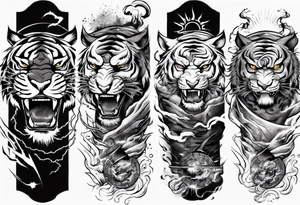 Tiger warrior with lightning and the sun for a forearm sleeve tattoo idea