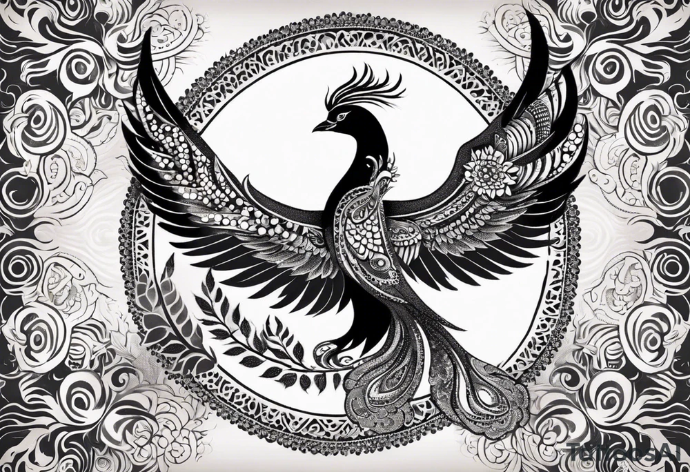 Tribal bohemian feminine impowering Phoenix rising with smoke, mandala sun, floral, lace background tattoo idea