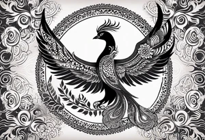 Tribal bohemian feminine impowering Phoenix rising with smoke, mandala sun, floral, lace background tattoo idea