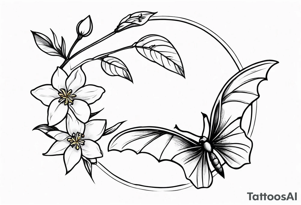 Shoulder and collarbone tattoo of a vibe of night-blooming Jasmine with a bat hanging from one of the stems tattoo idea