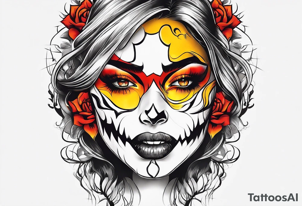 Orange, red, yellow primary colors.  Woman face coming out of skull with large sharp teeth tattoo idea