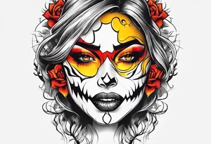 Orange, red, yellow primary colors.  Woman face coming out of skull with large sharp teeth tattoo idea
