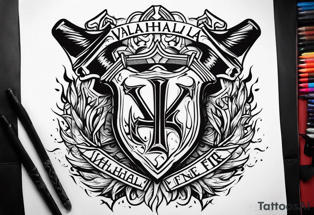 valhalla on fire battle 
sword shield axe tattoo idea