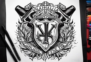 valhalla on fire battle 
sword shield axe tattoo idea