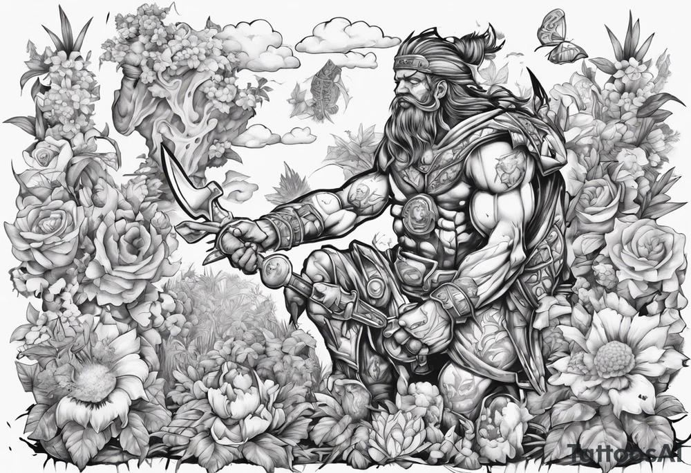 warrior in the garden feeding the weak with the world on his shoulders tattoo idea