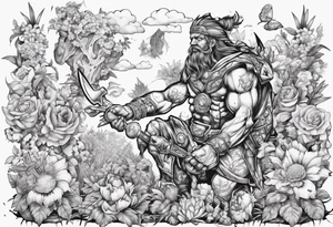 warrior in the garden feeding the weak with the world on his shoulders tattoo idea