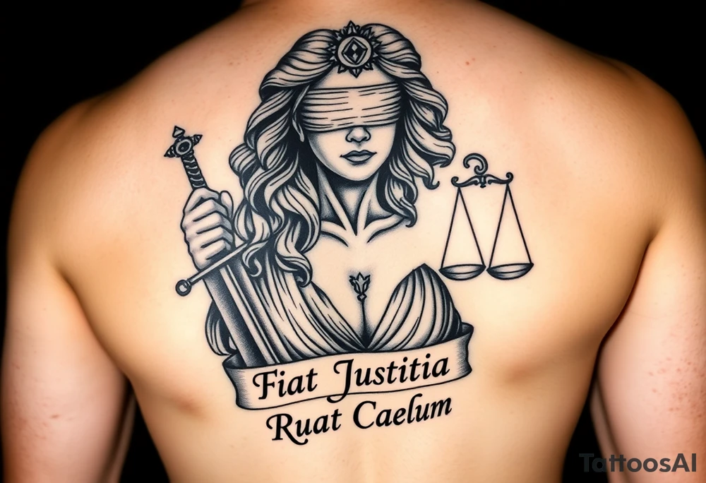 A striking black and grey tattoo design of a regal, blindfolded woman, symbolizing justice. She has an air of strength and wisdom, with flowing hair and a serene yet powerful expression. One breast is exposed, representing vulnerability and truth. She holds a sword in one hand, symbolizing enforcement of justice, and a set of scales in the other, signifying balance. The Latin phrase ‘Fiat Justitia Ruat Caelum’ is elegantly inscribed in a classical, Roman-inspired font, either flowing beneath her or wrapping around the design. The overall style is a fusion of realism and fine-line tattoo artistry, with intricate shading and dramatic contrasts to give depth and texture tattoo idea