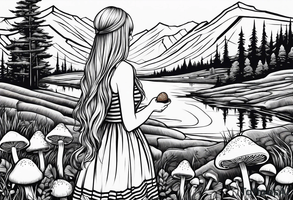 Straight long blonde hair girl in distance holding mushrooms in hand facing away toward mountains and creek surrounded by mushrooms black and white striped dress tattoo idea