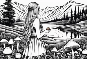 Straight long blonde hair girl in distance holding mushrooms in hand facing away toward mountains and creek surrounded by mushrooms black and white striped dress tattoo idea