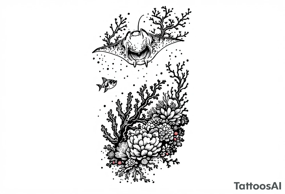 Manta ray swimming, coral reef bellow for forearm tattoo idea