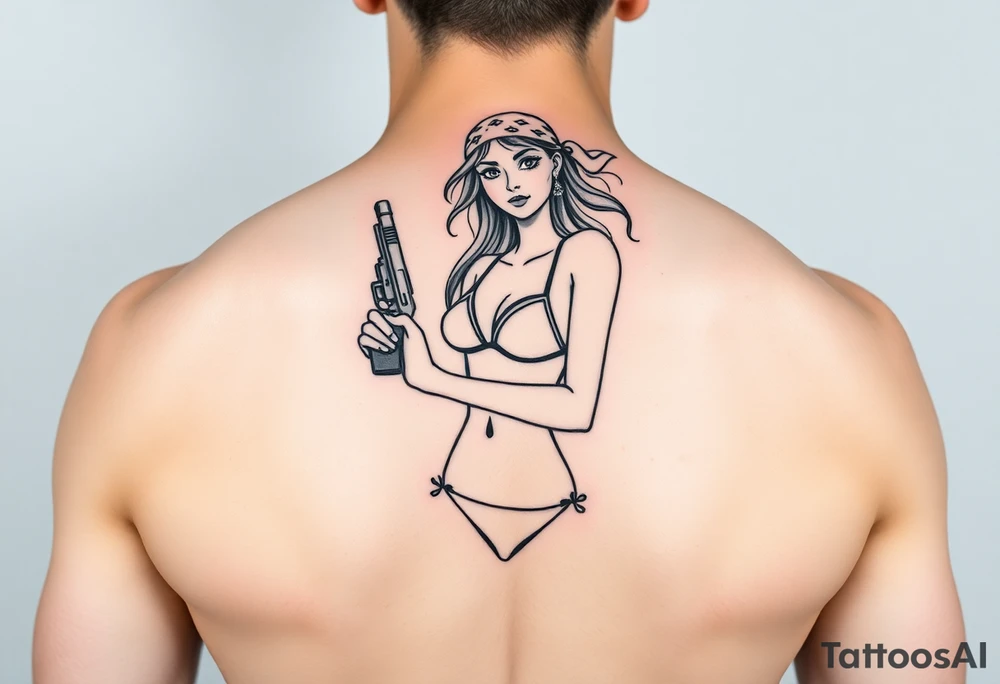Girl wearing bandana in bikini holding gun gangster tattoo idea