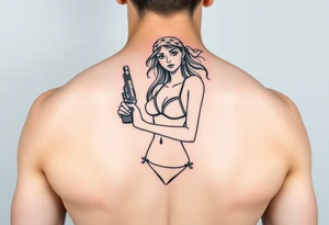 Girl wearing bandana in bikini holding gun gangster tattoo idea