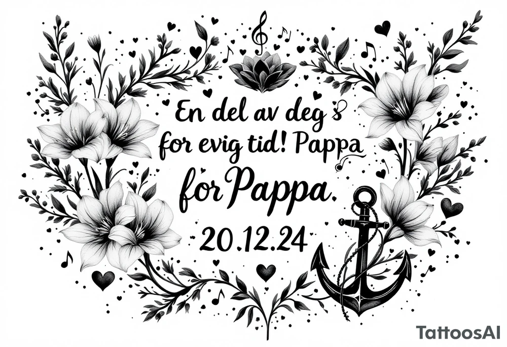 Quote in two rows; En del av deg for evig tid! Pappa, 20.12.24. Surround the quote with long gladioluses, music notes, hearts and an anchor tattoo idea