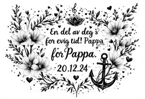 Quote in two rows; En del av deg for evig tid! Pappa, 20.12.24. Surround the quote with long gladioluses, music notes, hearts and an anchor tattoo idea