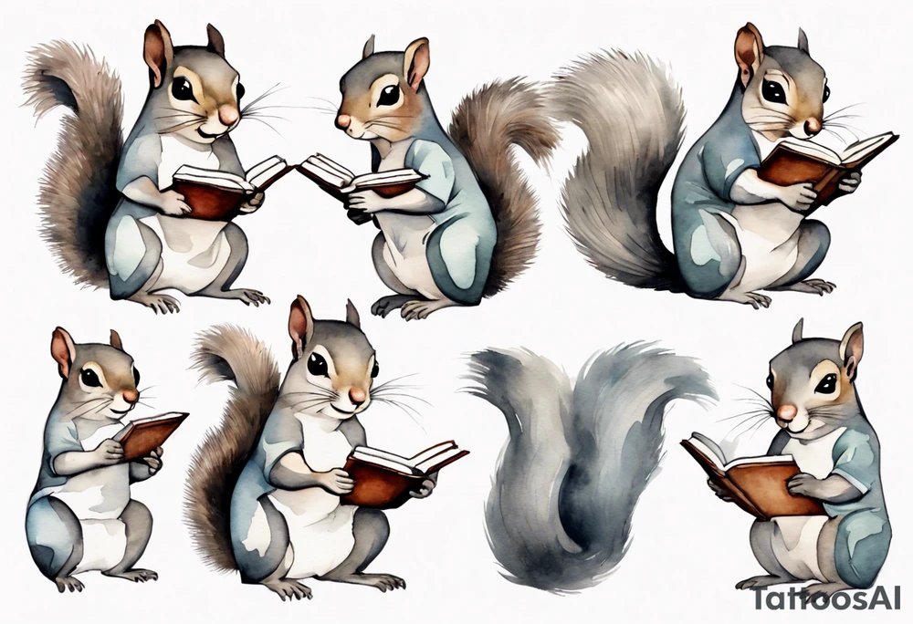 a grey squirrel dressed in a tunic holding a closed book tattoo idea