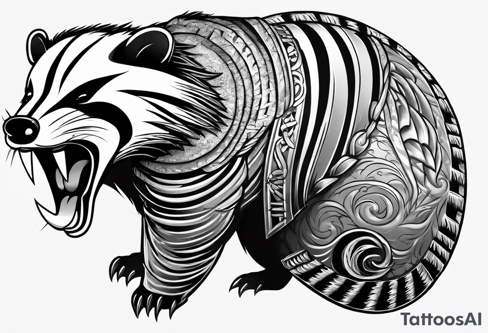 Draw me badger with aggressive full body, killer face with cute smile, very long nails and he attacks like a Turkish gladiator to enemy and also he has very deadly looking. The only weapon is his braveness he fights with his nails. tattoo idea