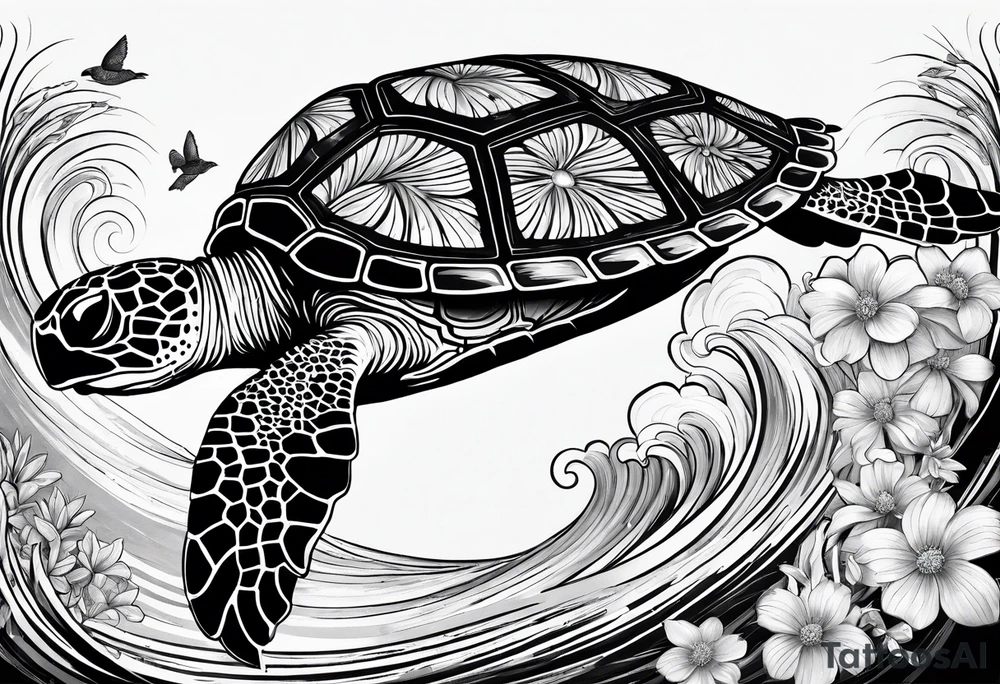 wave, turtle, flower, palm tattoo idea