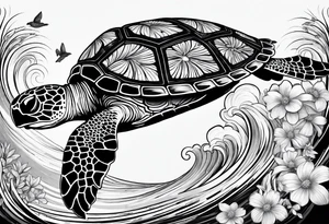 wave, turtle, flower, palm tattoo idea