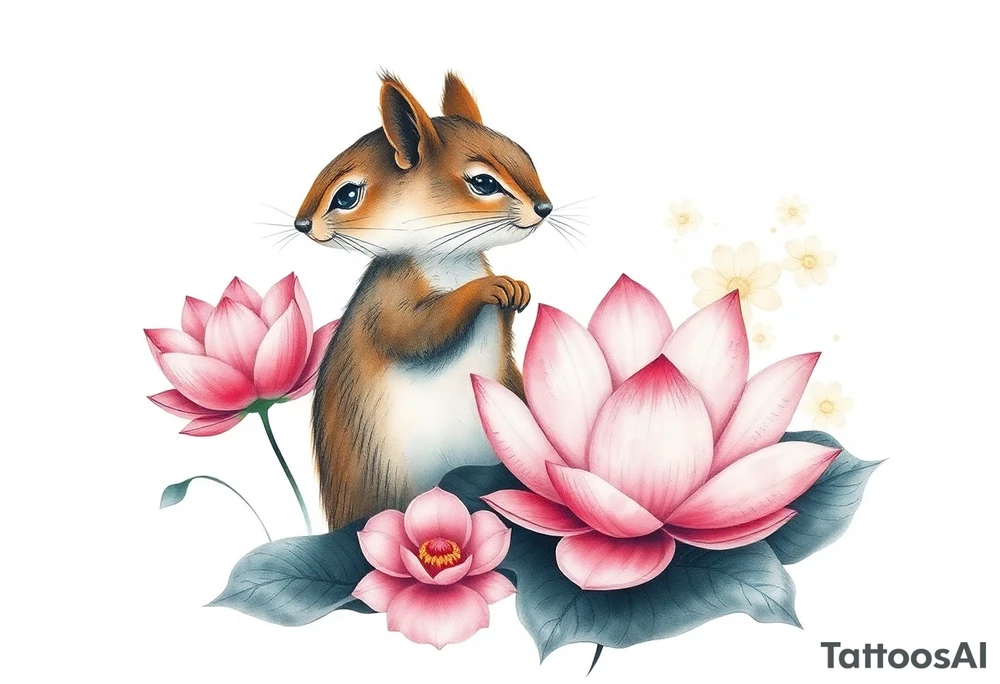 Fierce squirrel emerging blooming lotus flowers in mist tattoo idea
