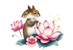Fierce squirrel emerging blooming lotus flowers in mist tattoo idea