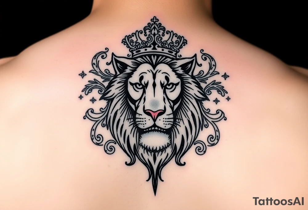 majestic lion wearing ornate crown, surrounded by baroque flourishes tattoo idea