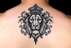 majestic lion wearing ornate crown, surrounded by baroque flourishes tattoo idea