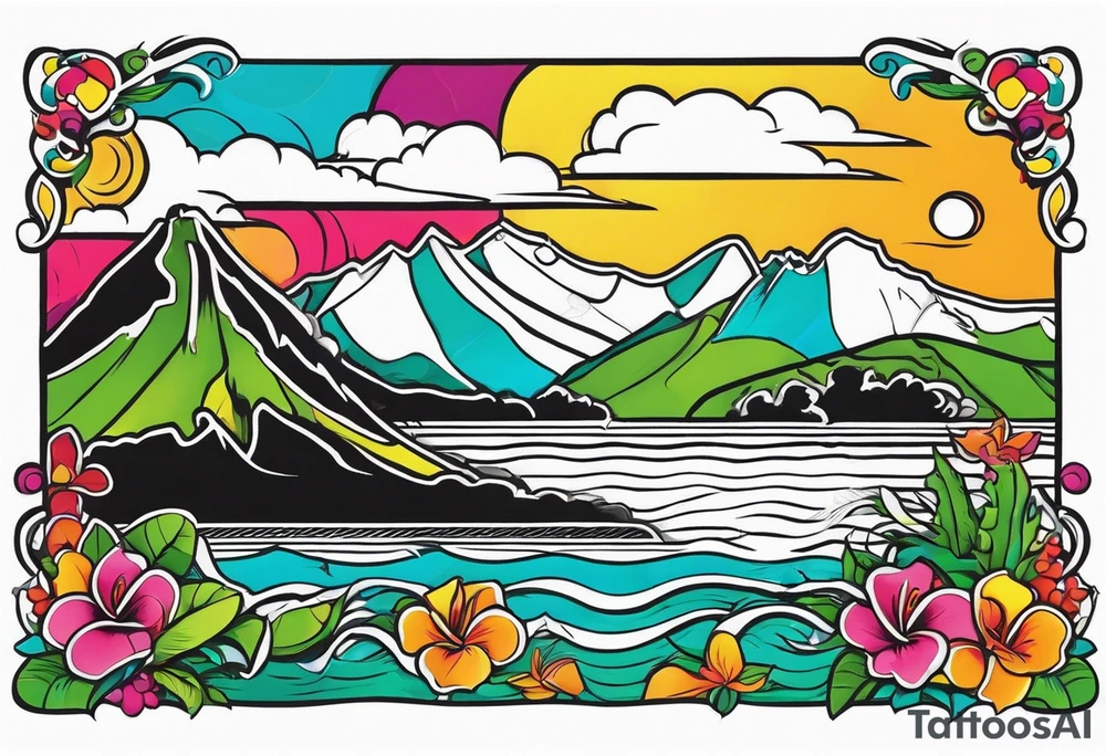 Map of the eastern Caribbean islands with an ocean view of the island mountains across the sea in the background tattoo idea