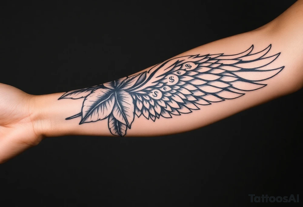 Forearm sleeve tattoo including details of a few jungle leafs, Puerto Rican tribal patterns, angel wing with money patterns in it tattoo idea