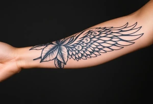 Forearm sleeve tattoo including details of a few jungle leafs, Puerto Rican tribal patterns, angel wing with money patterns in it tattoo idea