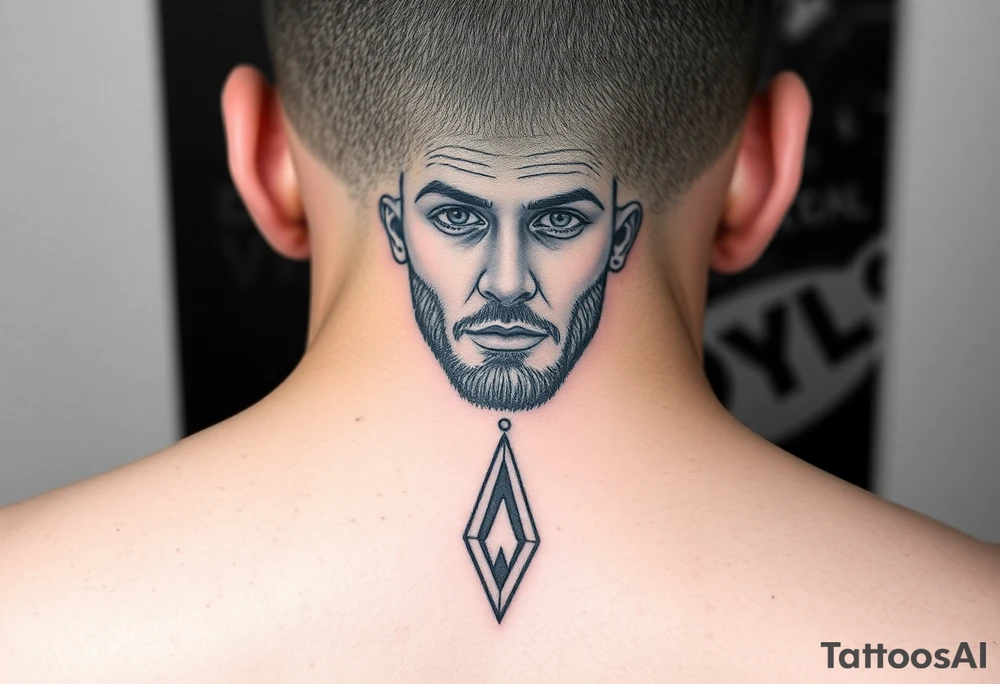I want a portrait of Ryan Ashely’s face in line work style black. Geometric  with the middle bottom going down to a point towards my middle finger tattoo idea
